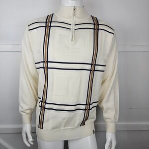 Stacy Adams Vintage Cream Plaid Quarter Zip Pullover Sweater Size L